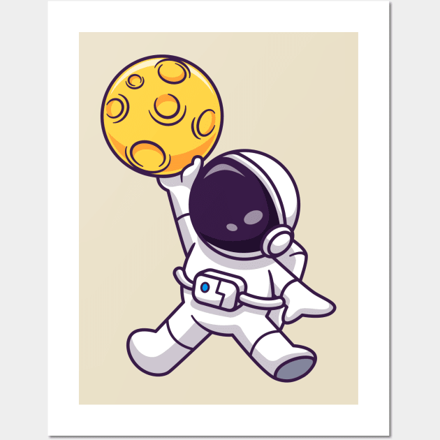 Cute Astronaut Playing Basketball Moon Cartoon Wall Art by Catalyst Labs